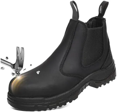safety loong slip on men women work boots composite toe comfort leather abrasion puncture slip resistant sole safety chelsea black 9